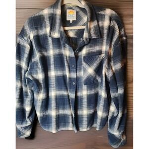 C&C California Women's Blue Plaid Cropped LS Flannel Shirt Size XL
